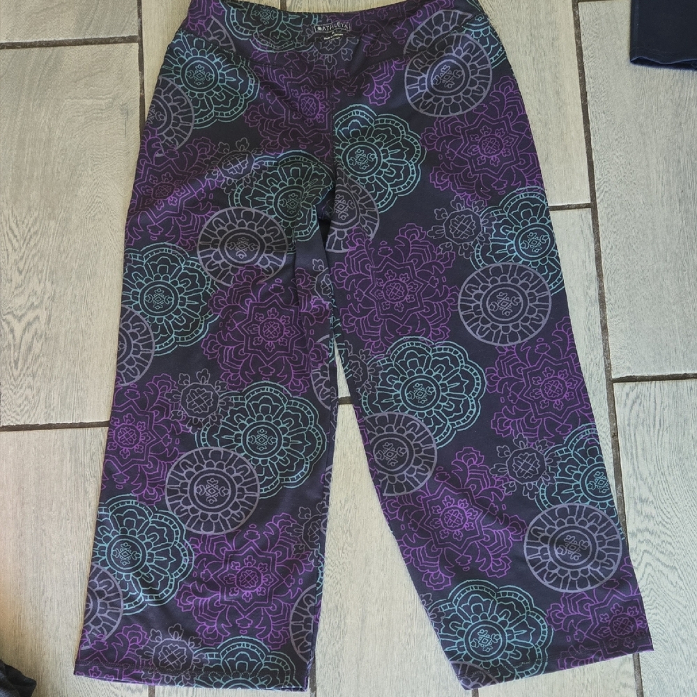 Athleta Black Pants‎ with Purple and Teal Floral Design-M act74
